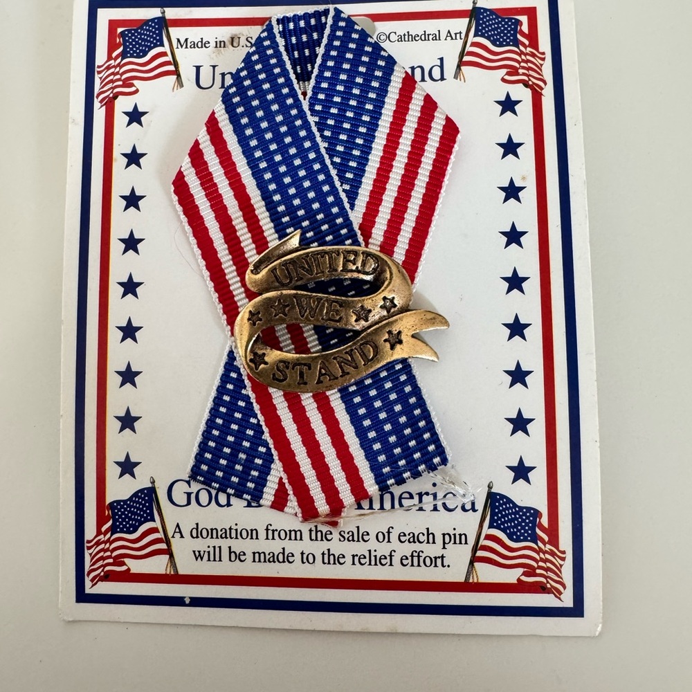 Cathedral Art United We Stand American Flag Ribbon Lapel Pin Patriotic USA Brass